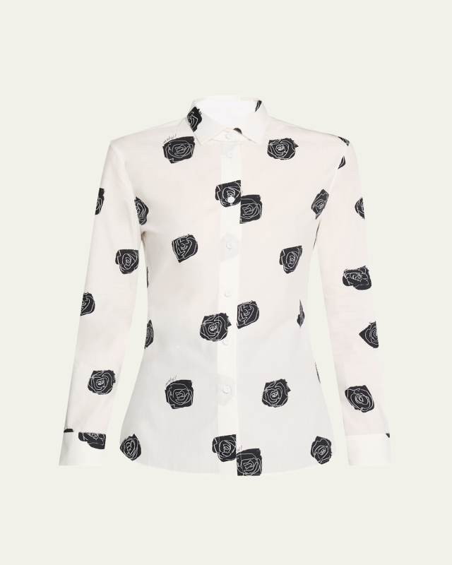 Small Rose Print Soft Popeline Classic Shirt